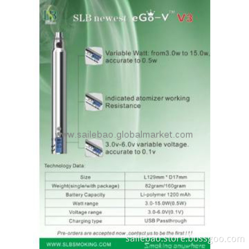 Newest ego battery variable voltage ego vv3 mega 1200mAh from SLB